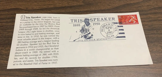 Tris Speaker April 4 1987 Cachet Envelope Cleveland Indians Hubbard TX w/Bio - Sports Memorabilia