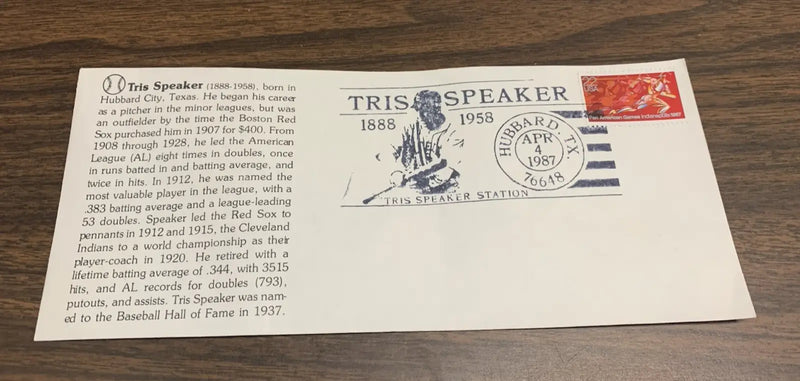 Tris Speaker April 4 1987 Cachet Envelope Cleveland Indians Hubbard TX w/Bio - Sports Memorabilia