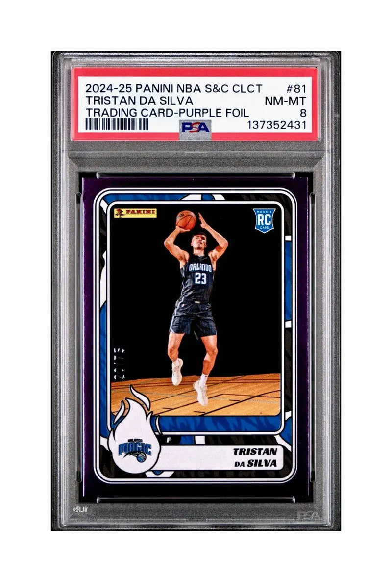 Tristan da Silva Rookie 2024-25 Panini NBA #81 Sticker 20/75 Purple Foil PSA 8