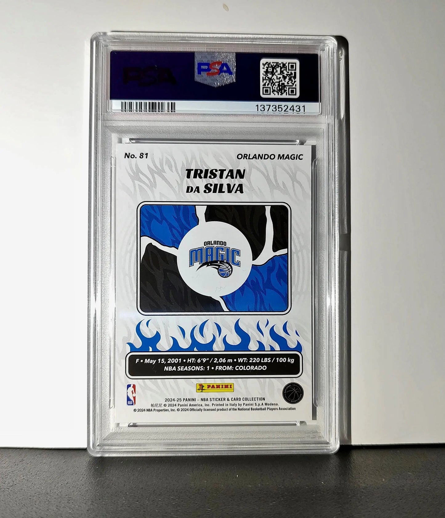 Tristan da Silva Rookie 2024-25 Panini NBA #81 Sticker 20/75 Purple Foil PSA 8