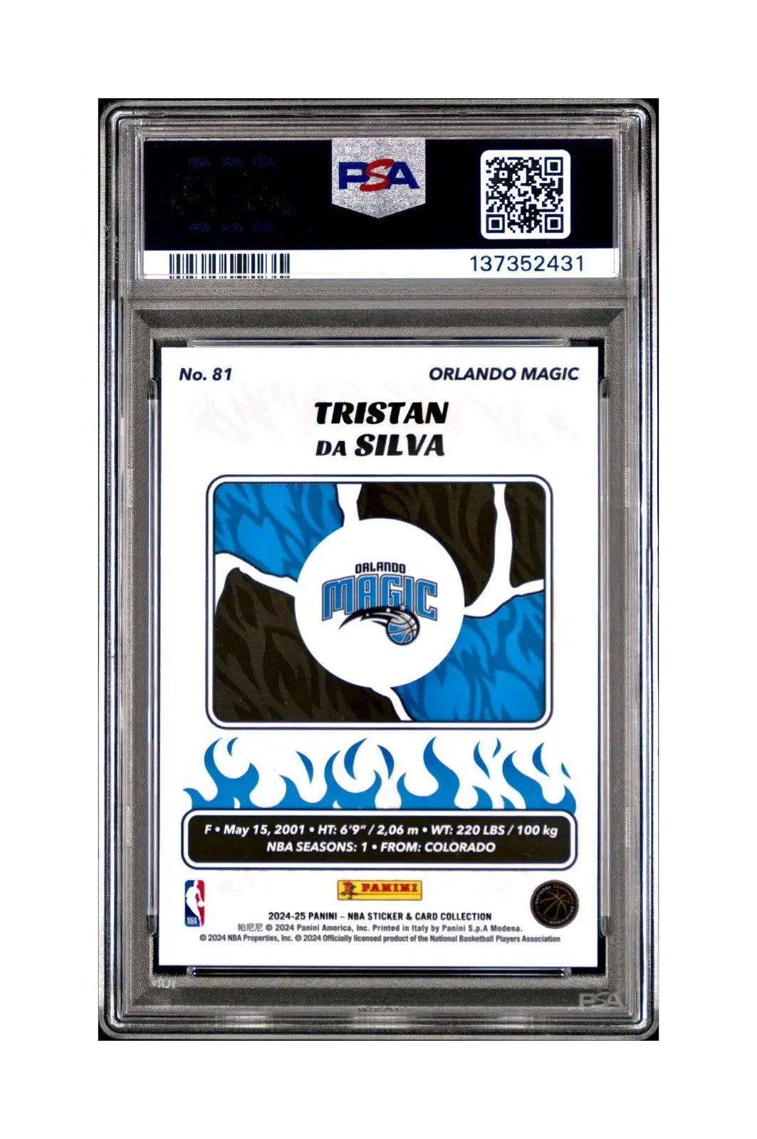 Tristan da Silva Rookie 2024-25 Panini NBA #81 Sticker 20/75 Purple Foil PSA 8