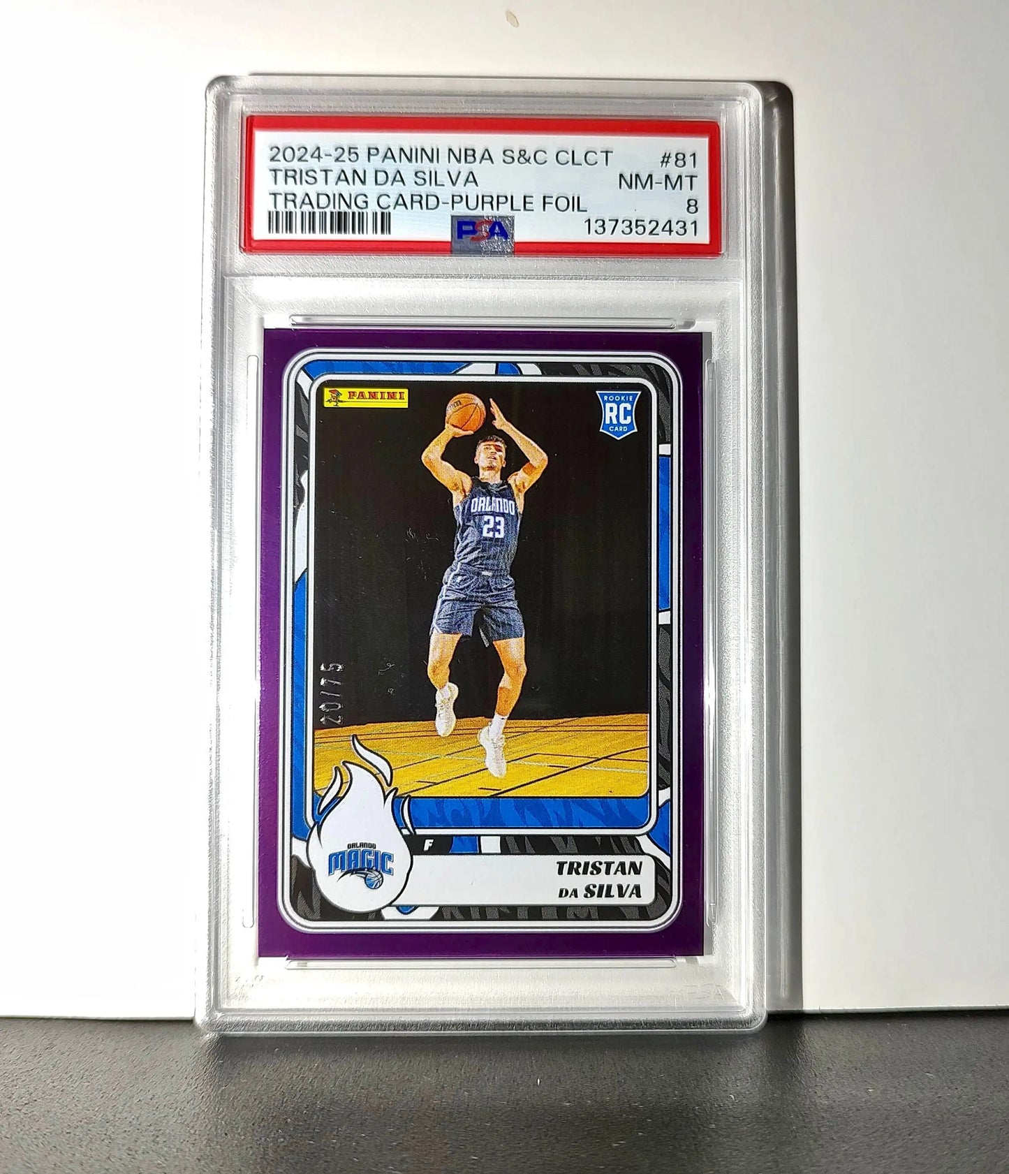 Tristan da Silva Rookie 2024-25 Panini NBA #81 Sticker 20/75 Purple Foil PSA 8
