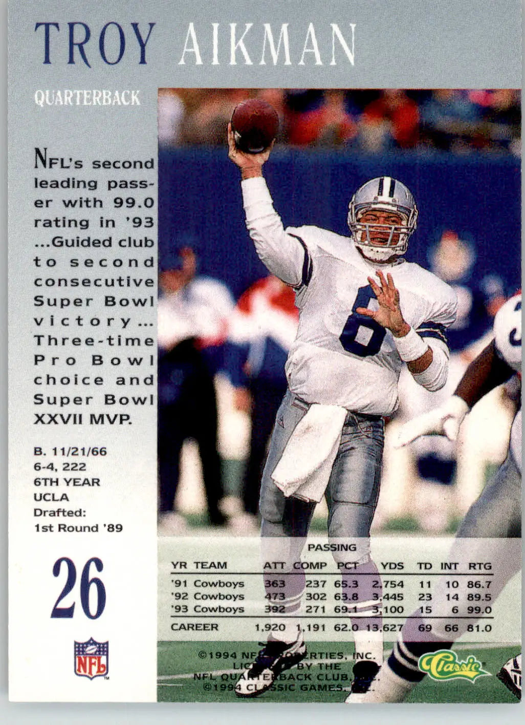 Troy Aikman - 1994 Pro Line Live - #26 - Football - Football Card Single