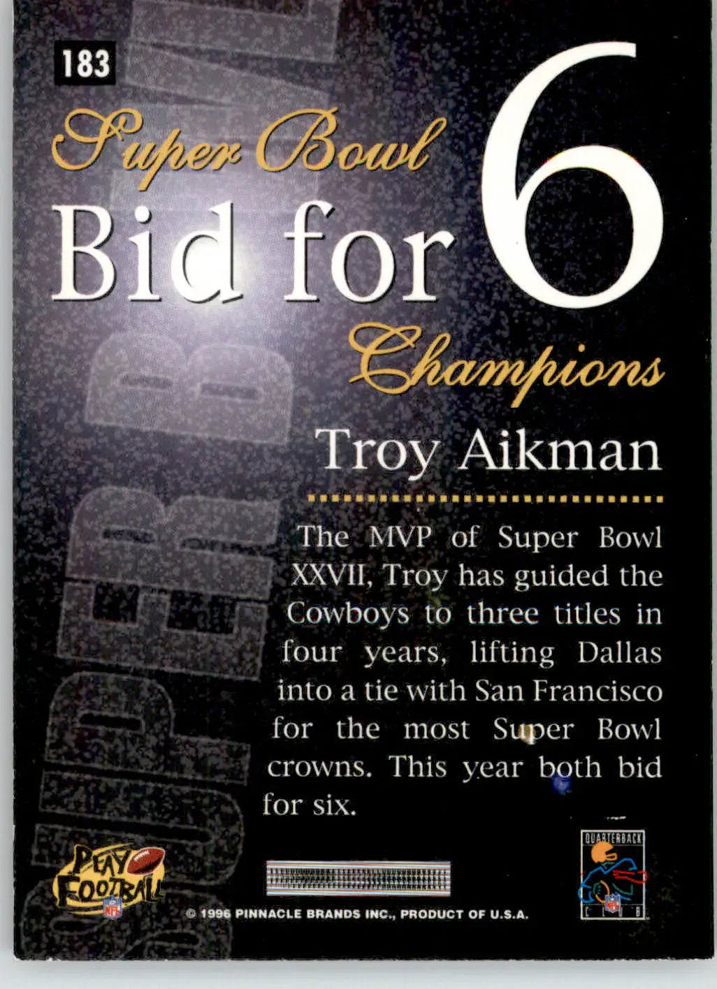 Troy Aikman - 1996 Pinnacle - #183 - Football - Football Card Single