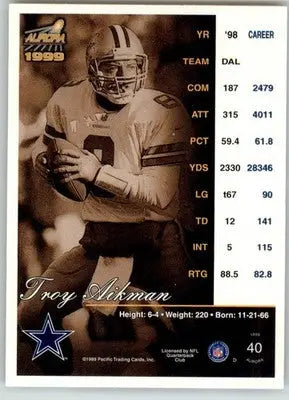 Troy Aikman - 1999 Pacific Aurora - #40 - Pinstripes Football - Football Card Single