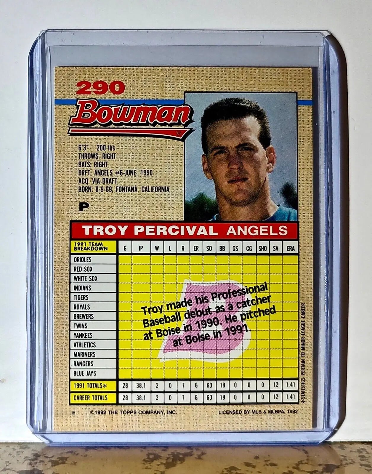 Troy Percival 1992 Topps Bowman MLB #290 Baseball Card California Angels - Baseball Card Single