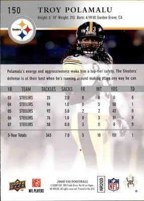 Troy Polamalu - 2008 Upper Deck - #150 - Football - Football Card Single