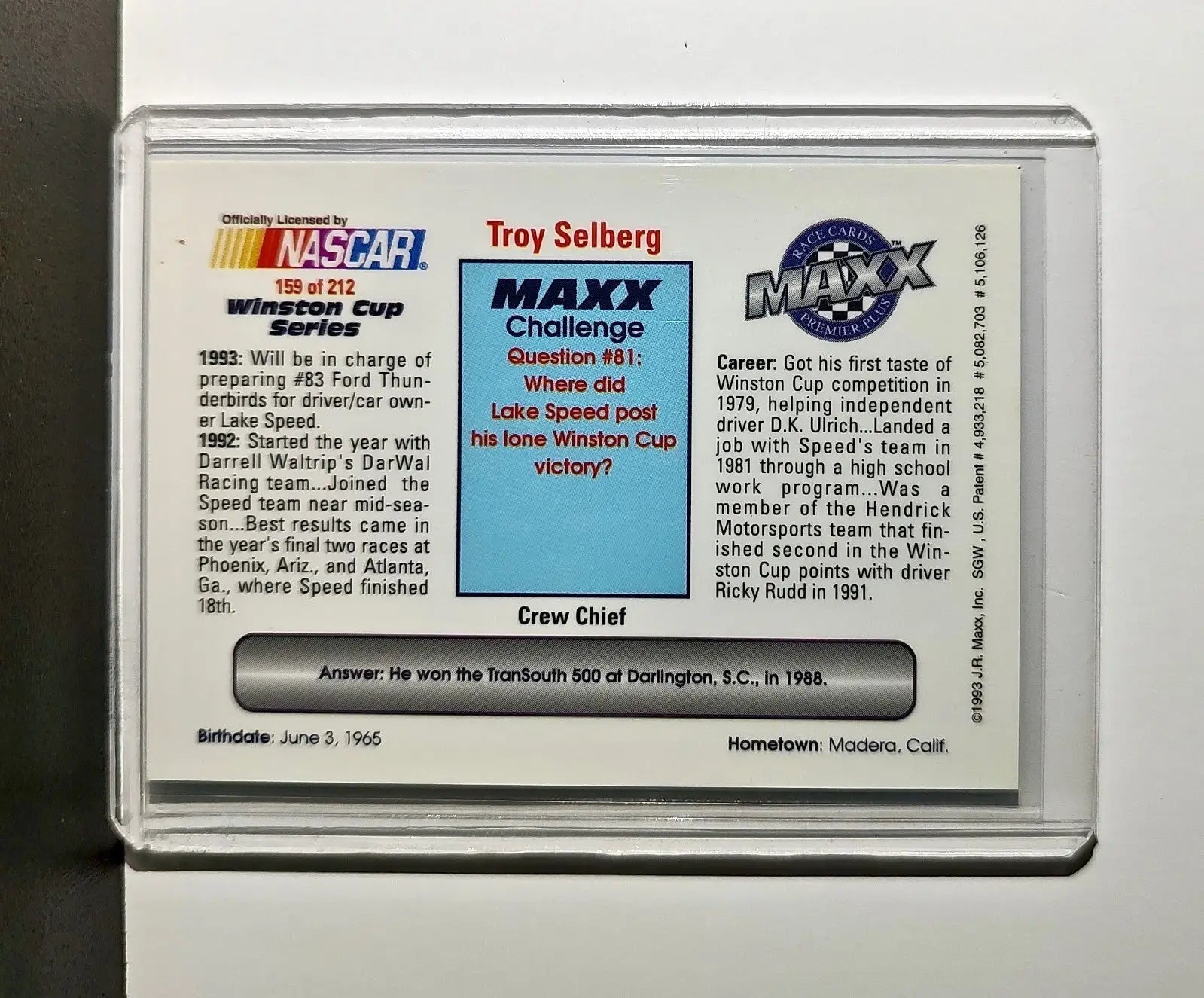 Troy Selberg 1993 Maxx Premier Plus Racing #159 NASCAR Card Lake Speed Racing - Racing Card Single