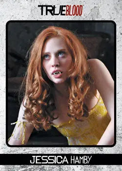 True Blood Archives P1 Promo Card featuring a woman with red hair and vampire fangs
