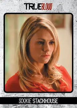 Blonde woman in red top with serious expression on True Blood Archives promo card