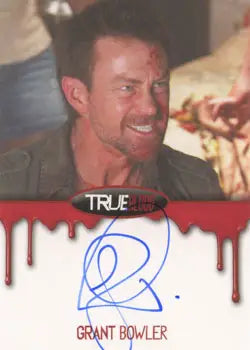 Autographed True Blood trading card of Grant Bowler smiling in a green jacket