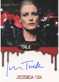 Autograph card of Jessica Tuck as Nan Flanigan with a striking portrait on a dark background