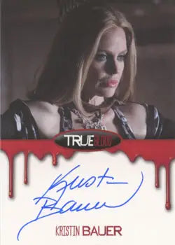 Autographed trading card of Kristin Bauer as Pam from True Blood with blood effect