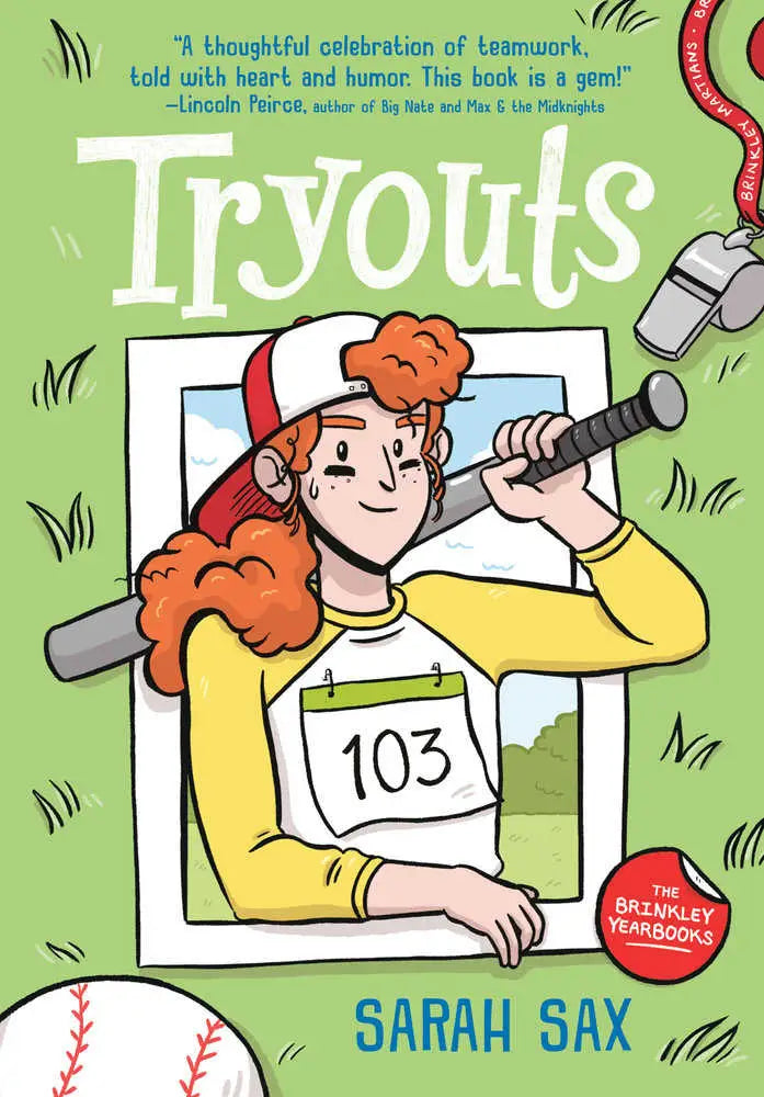 Book cover for Tryouts by Sarah Sax featuring a person with curly red hair and a baseball bat
