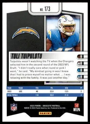 Tuli Tuipulotu Rookie 2023 Panini Absolute Retail #173 Los Angeles Chargers - Football Card Single