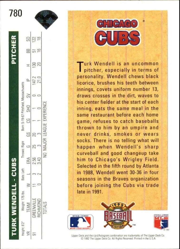 Turk Wendell 1992 Upper Deck MLB #780 Rookie Baseball Card Chicago Cubs - Baseball Card Single