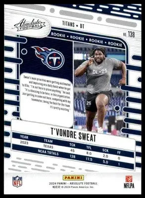 TVondre Sweat Rookie 2024 Panini Absolute Retail #138 Tennessee Titans Football - Football Card Single