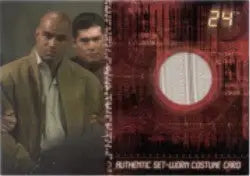 Costume card featuring two men and a circular fabric sample from Twenty Four Season 4