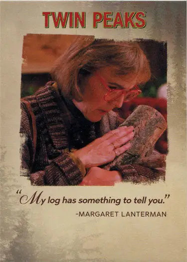 Promotional poster for Twin Peaks trading cards featuring a woman with a log