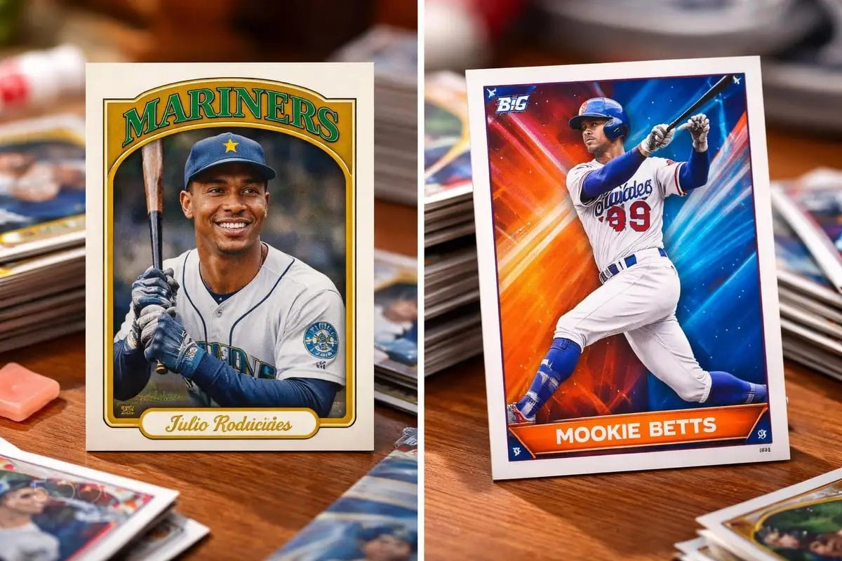 two baseball trading cards from the topps 2023 flagship series featuring julio rodríguez in a seattle mariners uniform with green and gold trim and mookie betts in a los angeles dodgers jersey against a vibrant orange and blue background highlighting insert sets and price points for collectors and investors