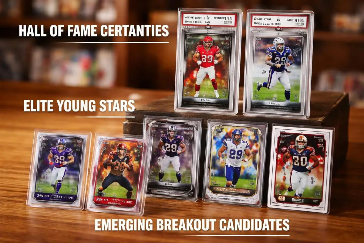 Two graded football cards featuring players wearing red and white and blue and white uniforms numbered 39 showcased as best football cards to buy in 2026 investment guide.
