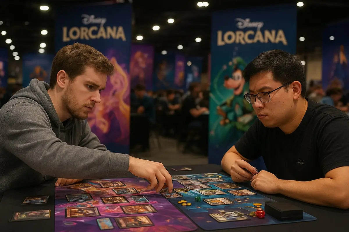 Two men play Disney Lorcana deck game with colorful cards and tokens