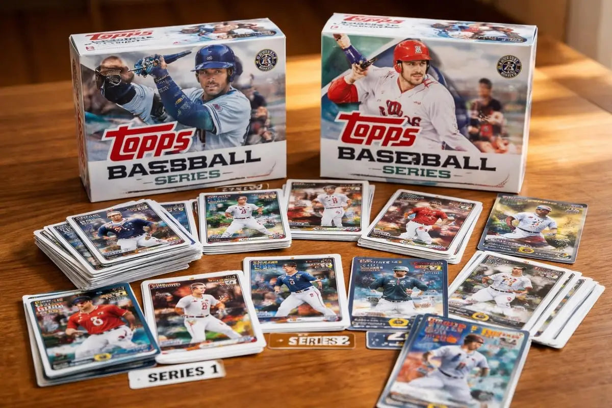 two topps baseball flagship series trading card boxes featuring different players in vibrant team colors showcasing dynamic action poses for collectors interested in price points and insert sets