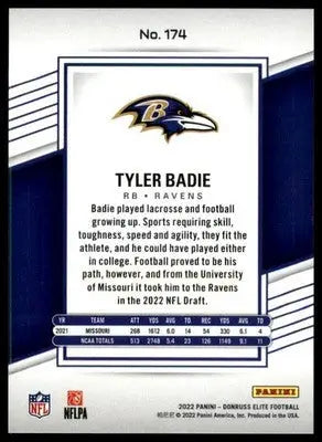 Tyler Badie Rookie 2022 Donruss Elite Green #174 Baltimore Ravens - Football Card Single