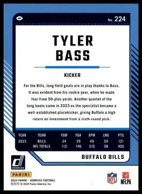 Tyler Bass 2024 Donruss #224 Buffalo Bills Football Card NFL Sports - Football Card Single