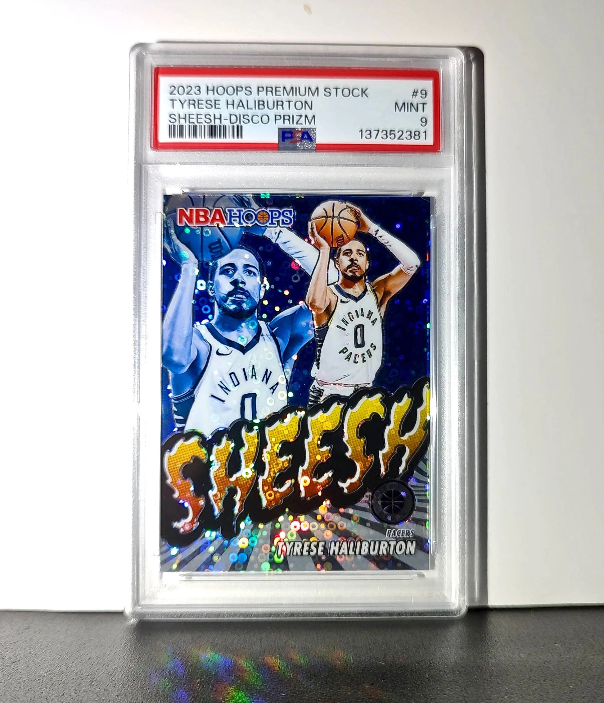 Tyrese Haliburton 2023 Panini Hoops Premium Sheesh #9 Disco Prizm PSA 9 Mint