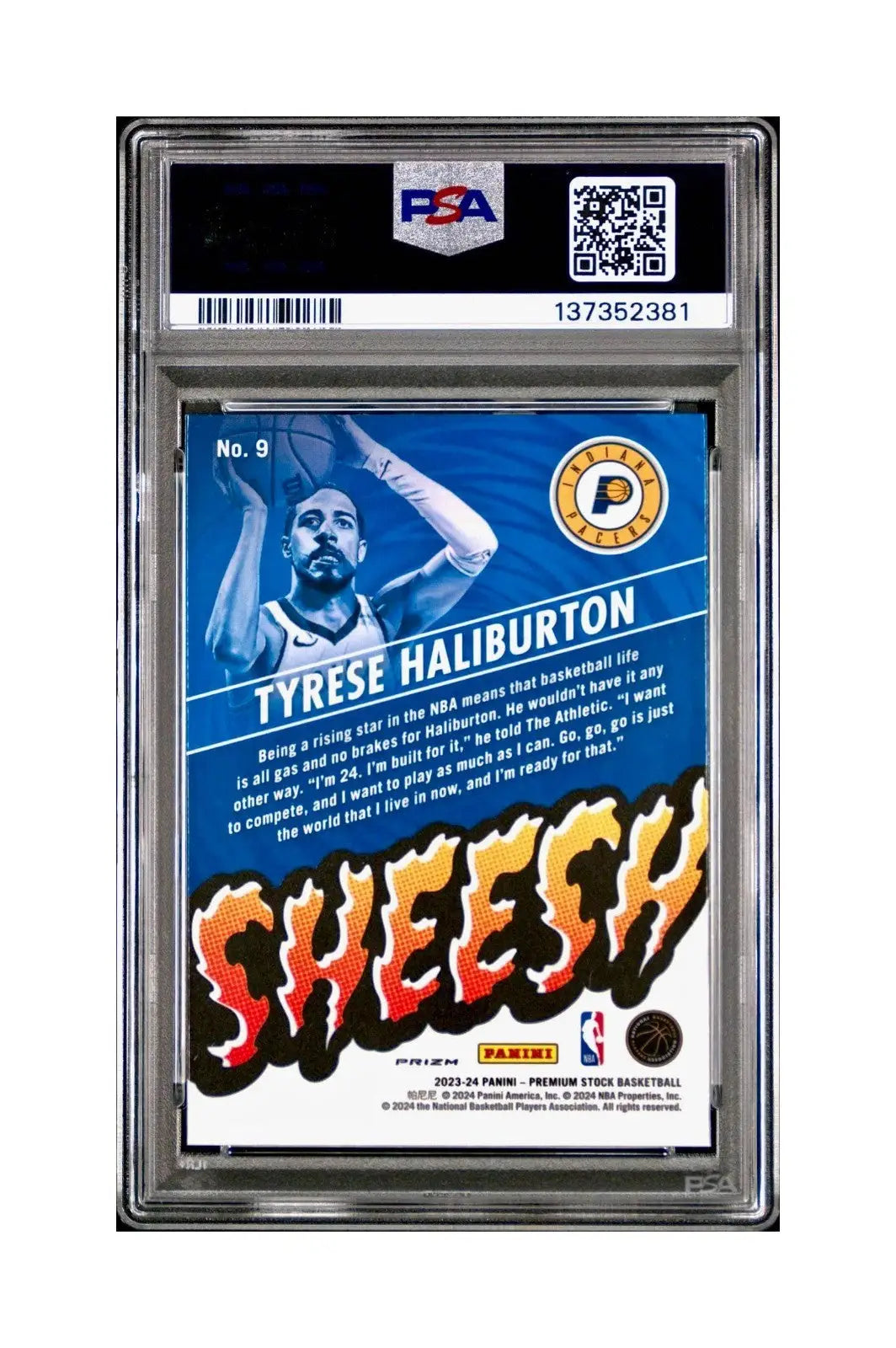 Tyrese Haliburton 2023 Panini Hoops Premium Sheesh #9 Disco Prizm PSA 9 Mint