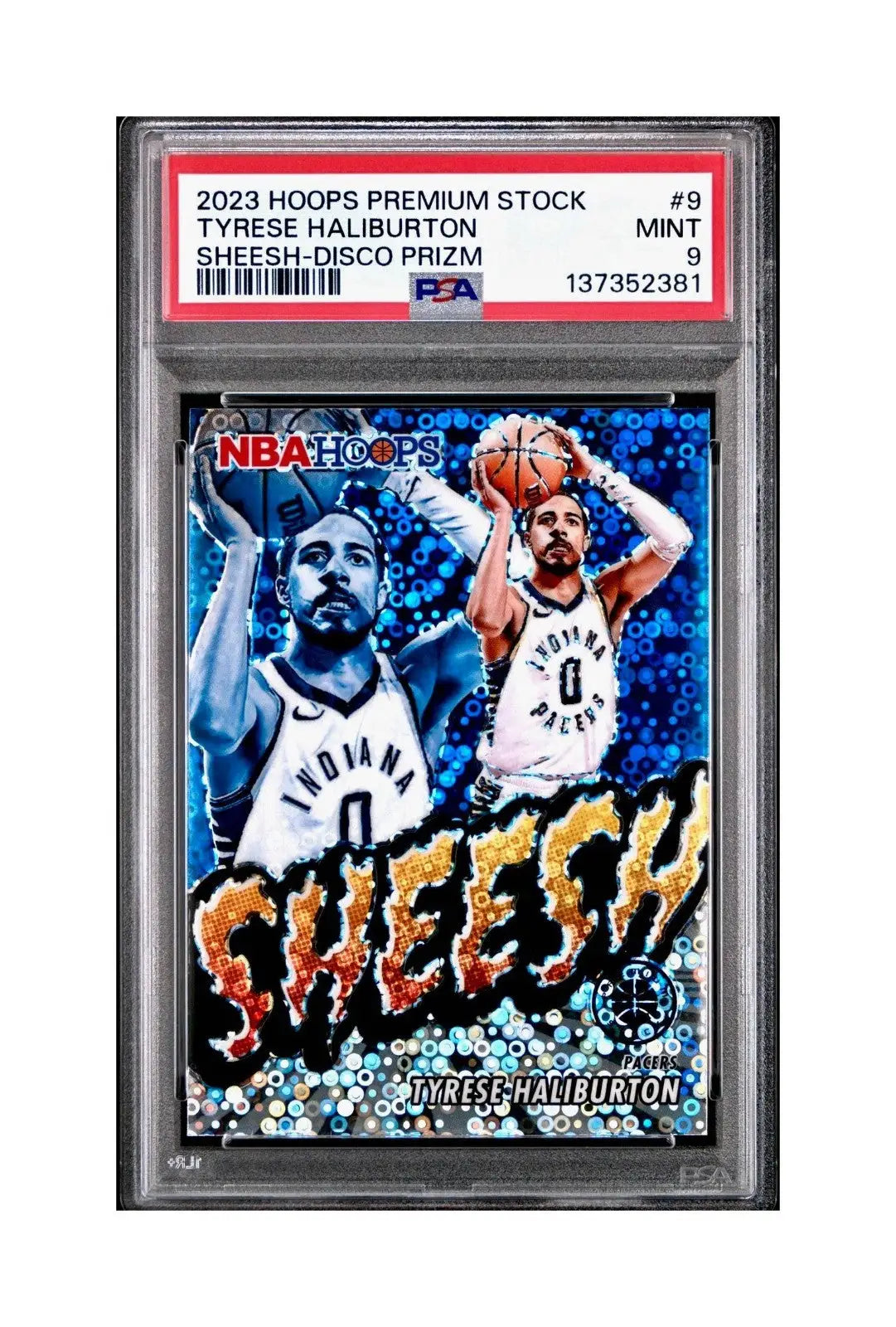 Tyrese Haliburton 2023 Panini Hoops Premium Sheesh #9 Disco Prizm PSA 9 Mint