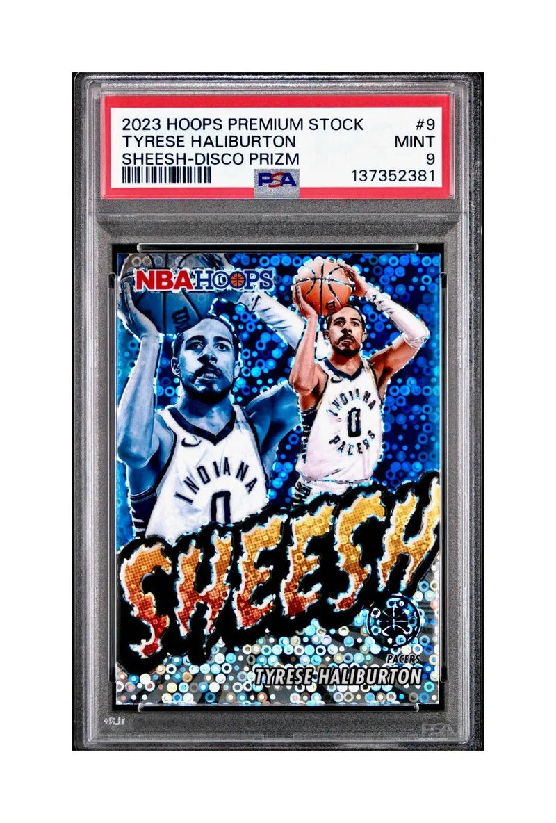 Tyrese Haliburton 2023 Panini Hoops Premium Sheesh #9 Disco Prizm PSA 9 Mint