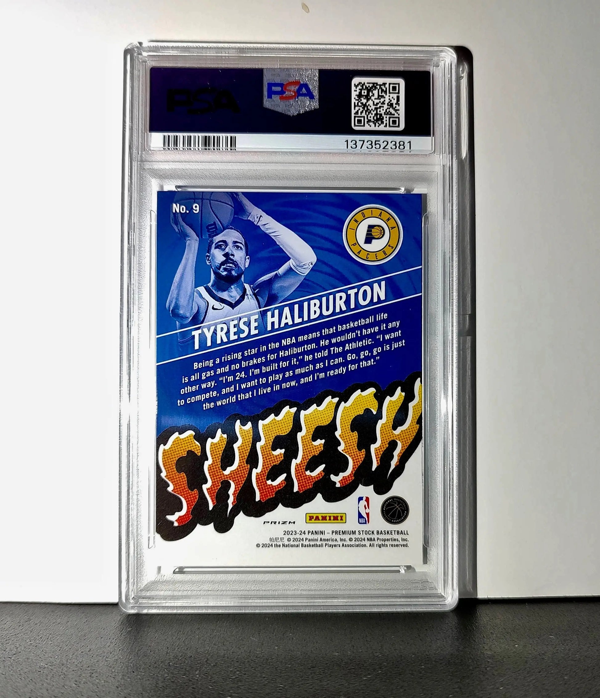 Tyrese Haliburton 2023 Panini Hoops Premium Sheesh #9 Disco Prizm PSA 9 Mint