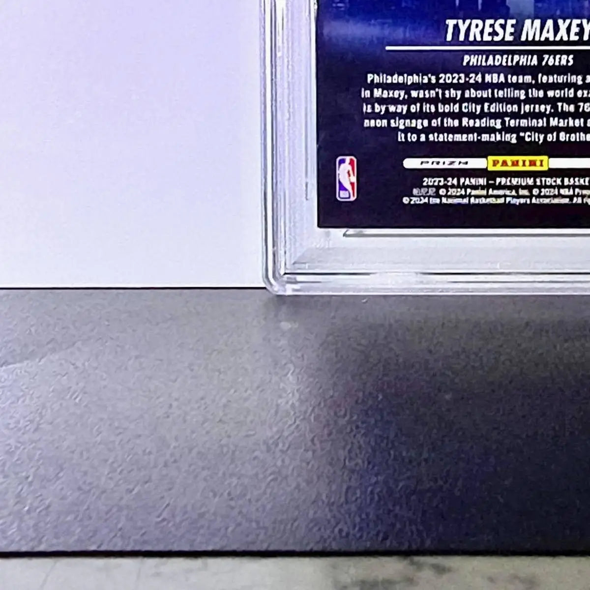 Tyrese Maxey 2023 NBA Panini Hoops Premium #18 City Edition Disco Prizm PSA 8 - Basketball Card Single