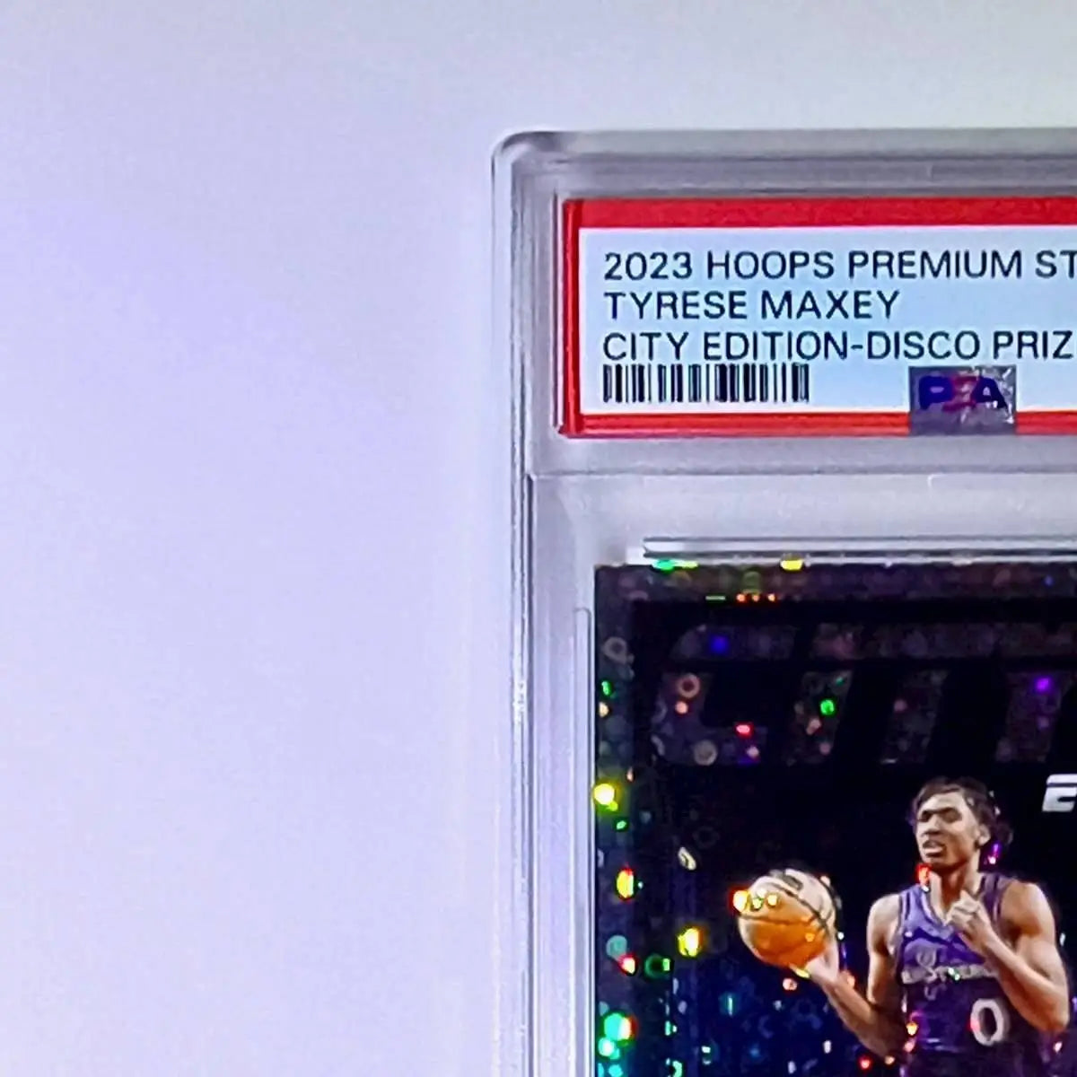 Tyrese Maxey 2023 NBA Panini Hoops Premium #18 City Edition Disco Prizm PSA 8 - Basketball Card Single