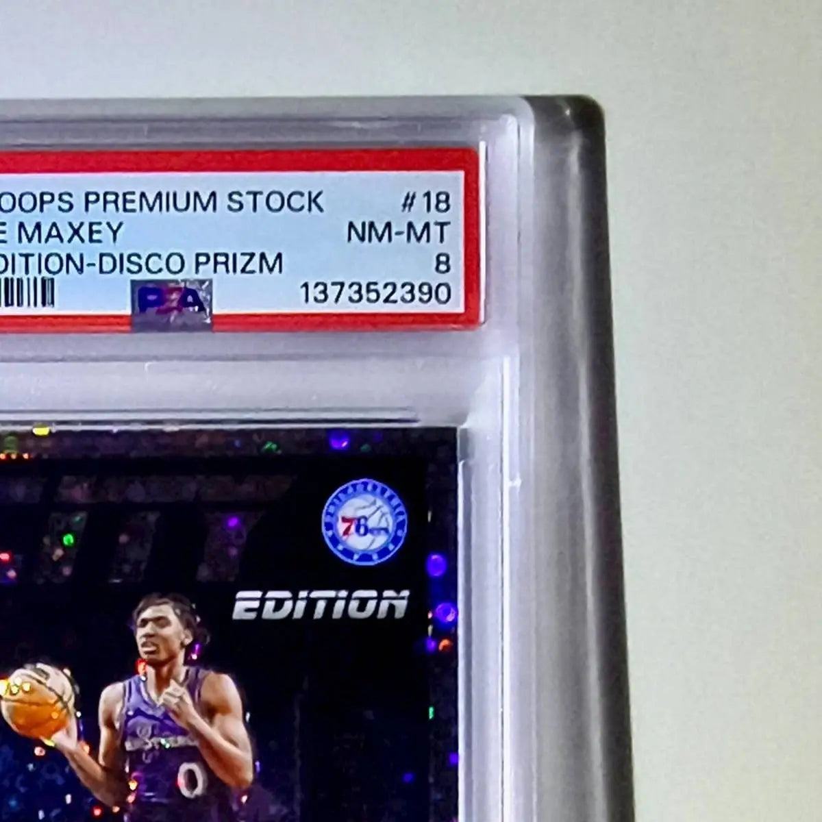 Tyrese Maxey 2023 NBA Panini Hoops Premium #18 City Edition Disco Prizm PSA 8 - Basketball Card Single