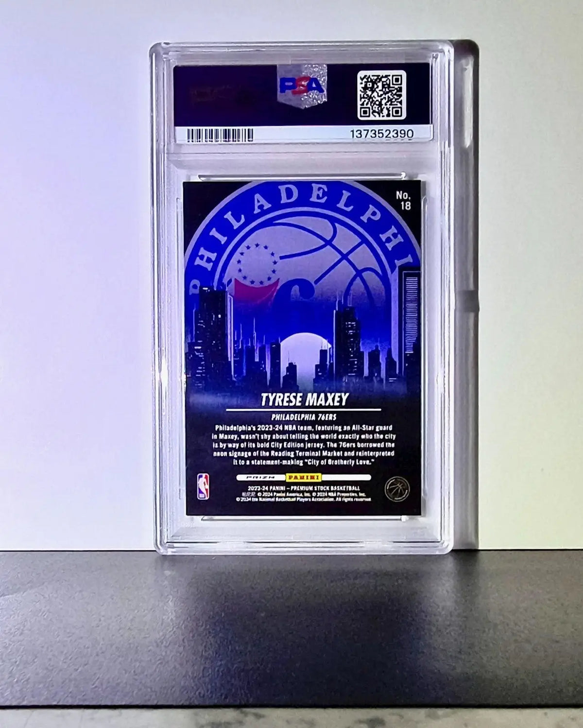 Tyrese Maxey 2023 NBA Panini Hoops Premium #18 City Edition Disco Prizm PSA 8 - Basketball Card Single