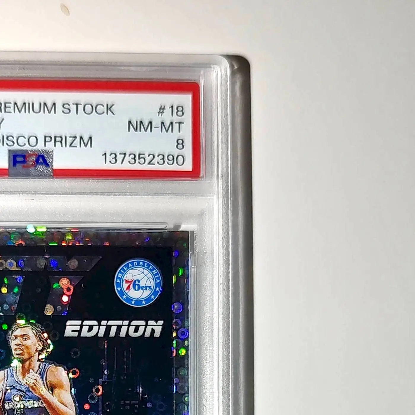 Tyrese Maxey 2023 Panini Hoops Premium City Edition #18 Disco Prizm PSA 8 NM-MT