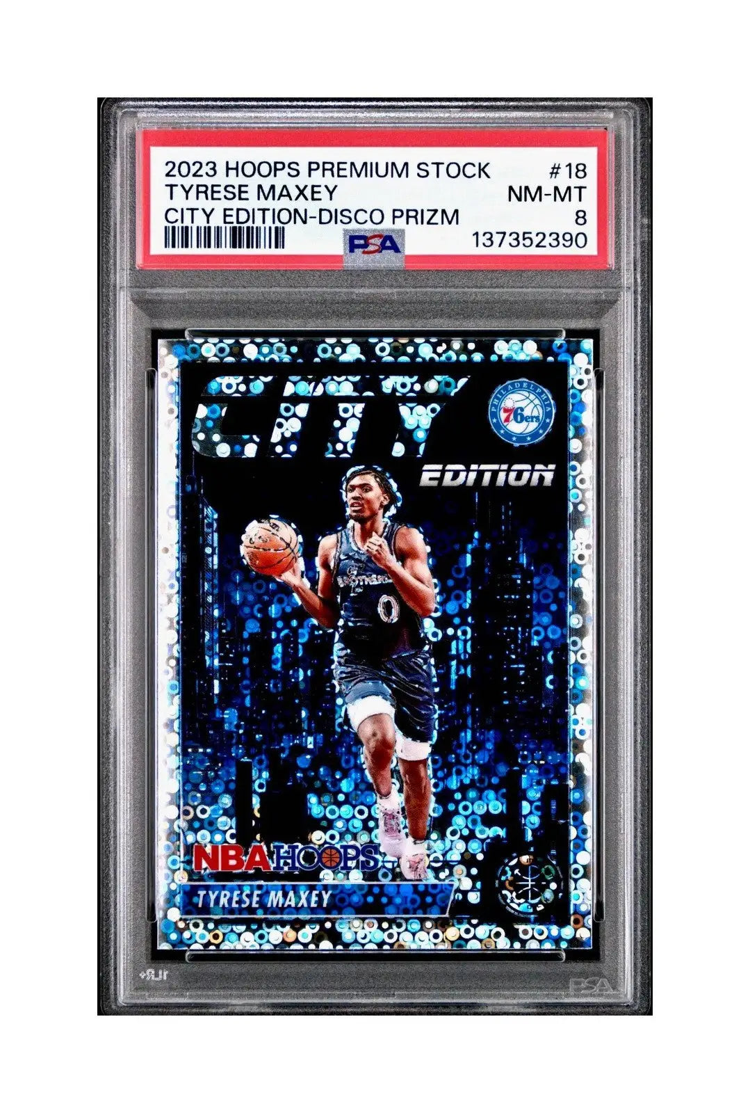 Tyrese Maxey 2023 Panini Hoops Premium City Edition #18 Disco Prizm PSA 8 NM-MT