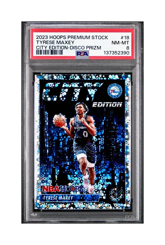 Tyrese Maxey 2023 Panini Hoops Premium City Edition #18 Disco Prizm PSA 8 NM-MT - Basketball Card Single