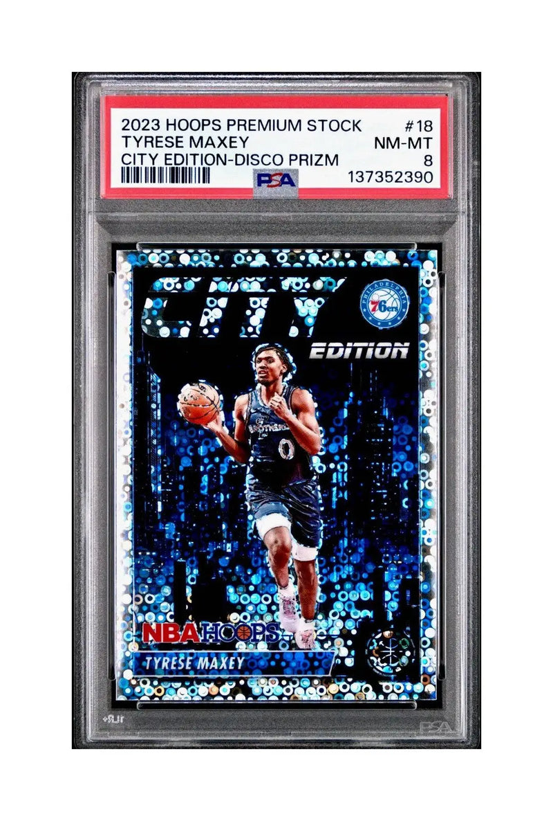 Tyrese Maxey 2023 Panini Hoops Premium City Edition #18 Disco Prizm PSA 8 NM-MT