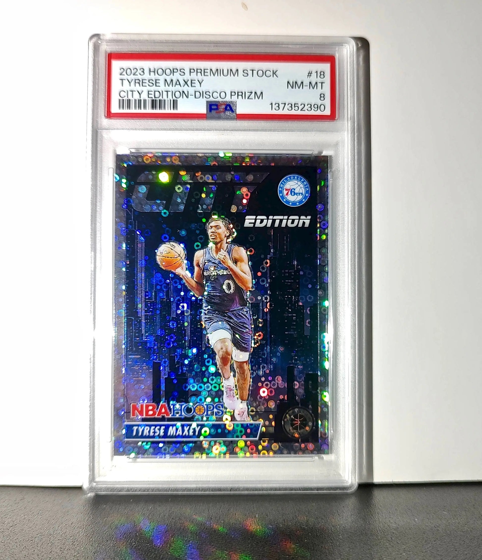 Tyrese Maxey 2023 Panini Hoops Premium City Edition #18 Disco Prizm PSA 8 NM-MT