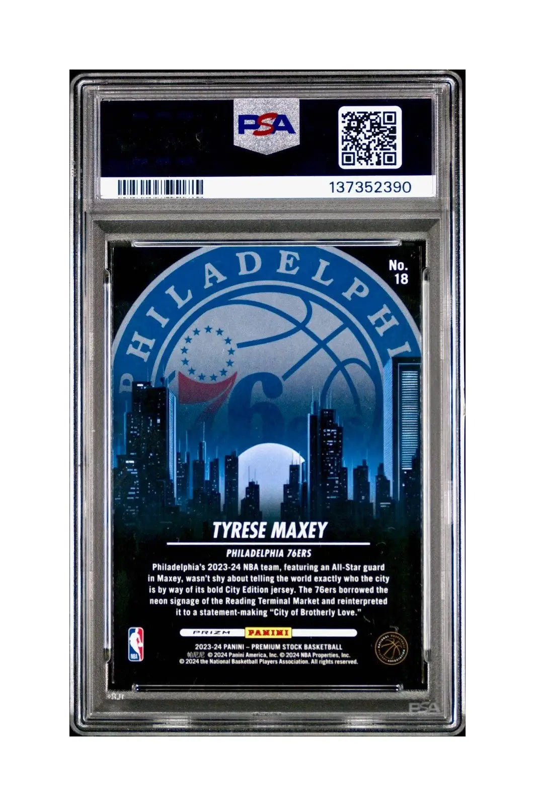 Tyrese Maxey 2023 Panini Hoops Premium City Edition #18 Disco Prizm PSA 8 NM-MT