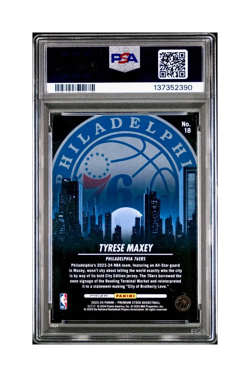 Tyrese Maxey 2023 Panini Hoops Premium City Edition #18 Disco Prizm PSA 8 NM-MT