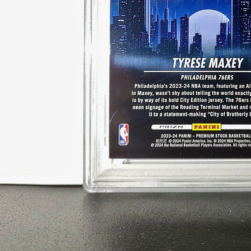 Tyrese Maxey 2023 Panini Hoops Premium City Edition #18 Disco Prizm PSA 8 NM-MT