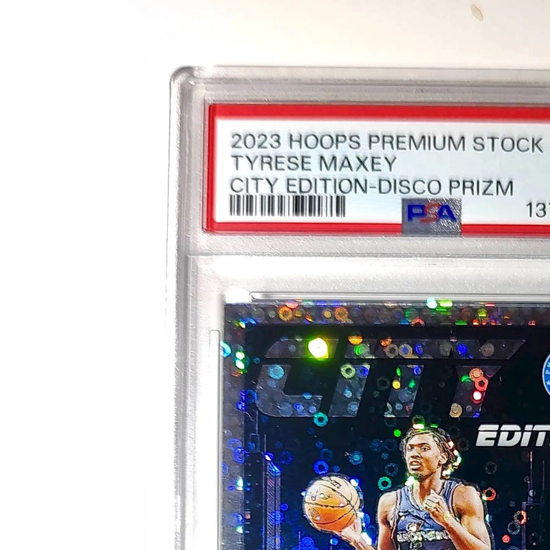 Tyrese Maxey 2023 Panini Hoops Premium City Edition #18 Disco Prizm PSA 8 NM-MT