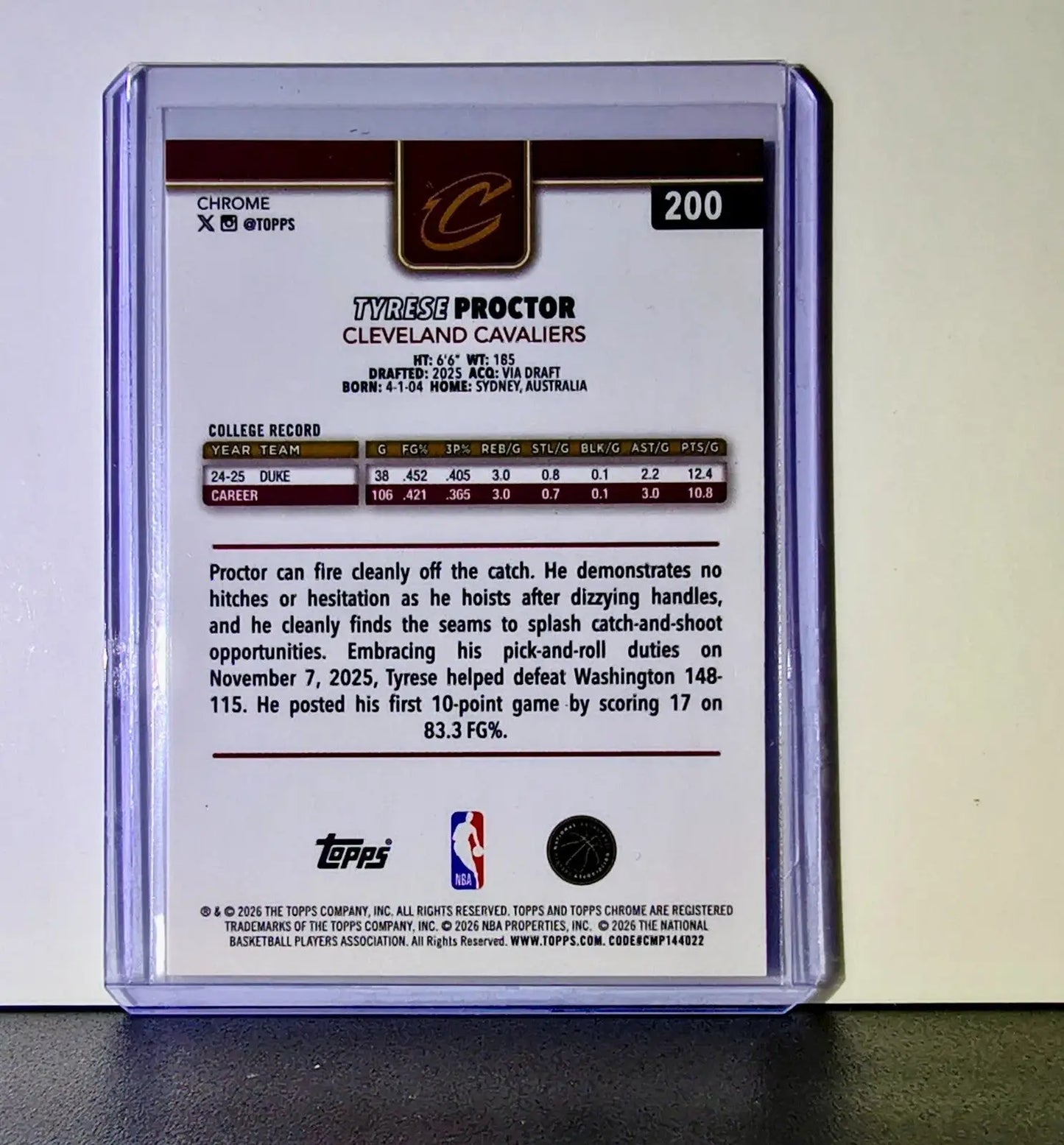 Tyrese Proctor Rookie 2025-26 NBA Topps Chrome Update RayWave Refractor #200 - Basketball Card Single