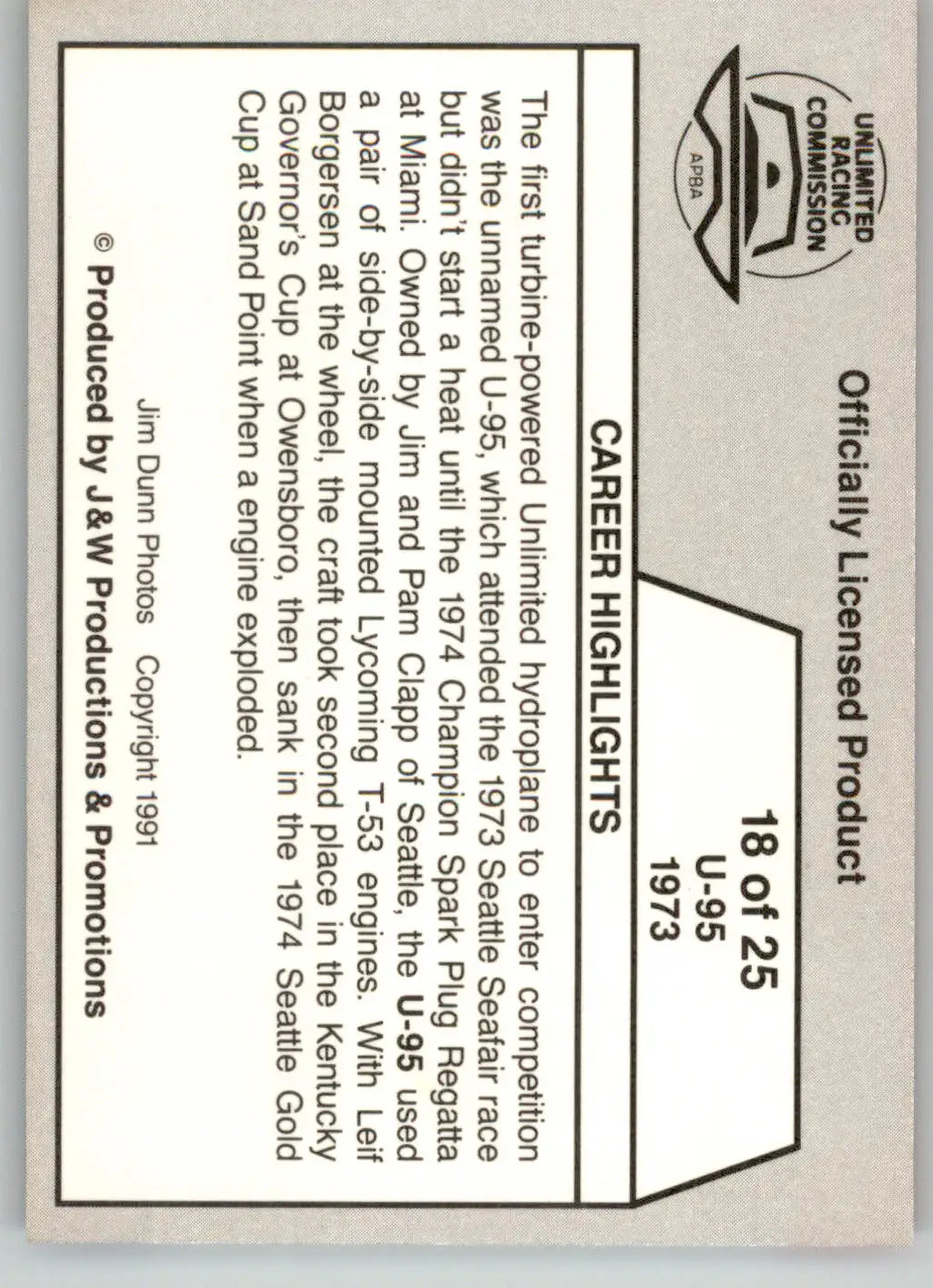 U-95 1973 - 1991 APBA Thunder on the Water - #18 - Racing - Racing Card Single