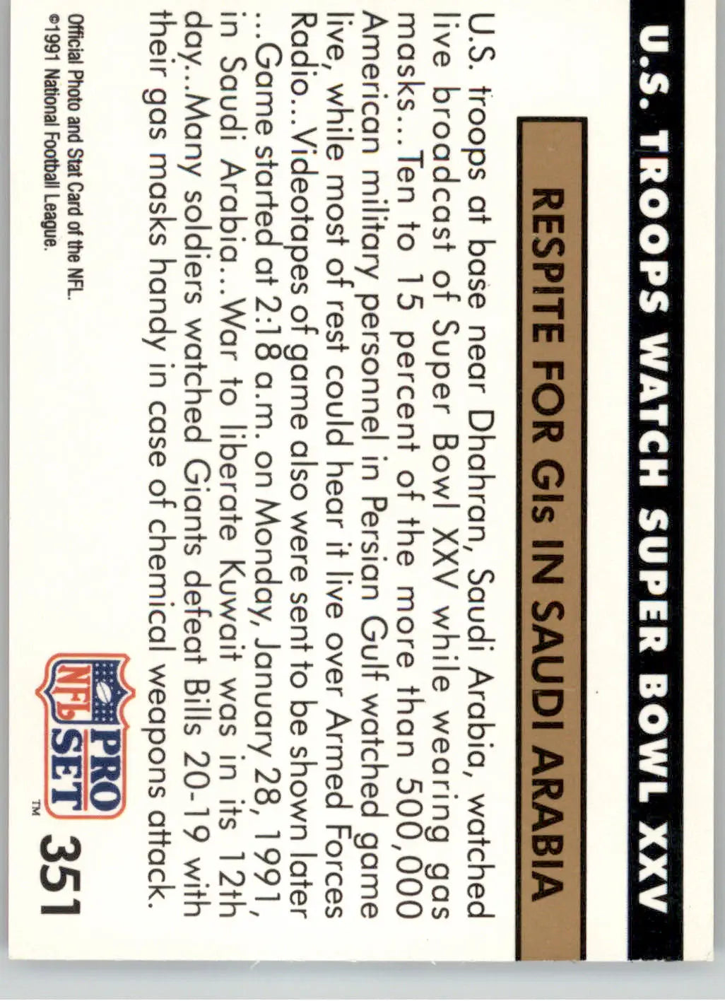 U.S. Troops Watch Super Bowl XXV NEWS - 1991 Pro Set - #351 - Football - Football Card Single